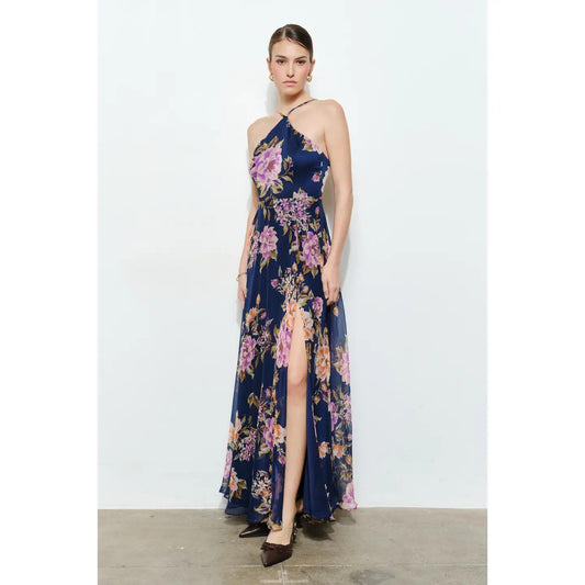 Floral Chiffon Halter Maxi Dress - Indigo Garden