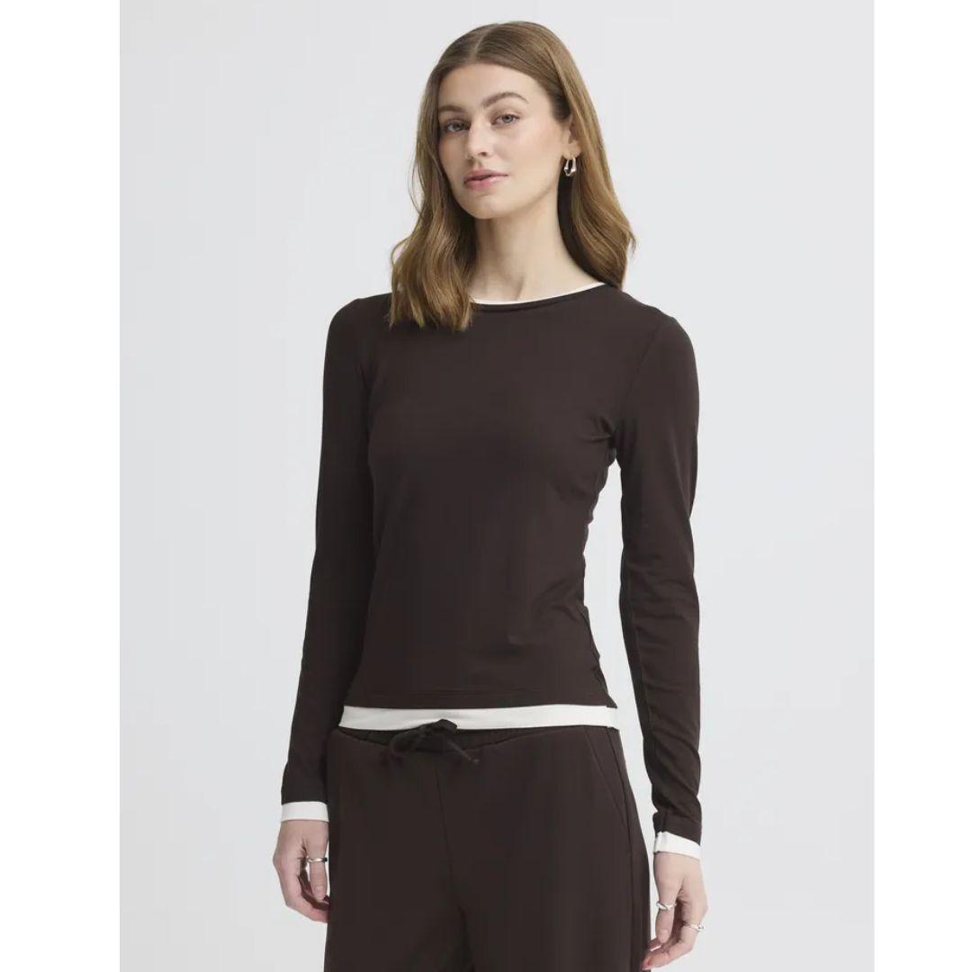 ICHI Astra Long Sleeve Contrast Trim Top | 20127255 | Torte