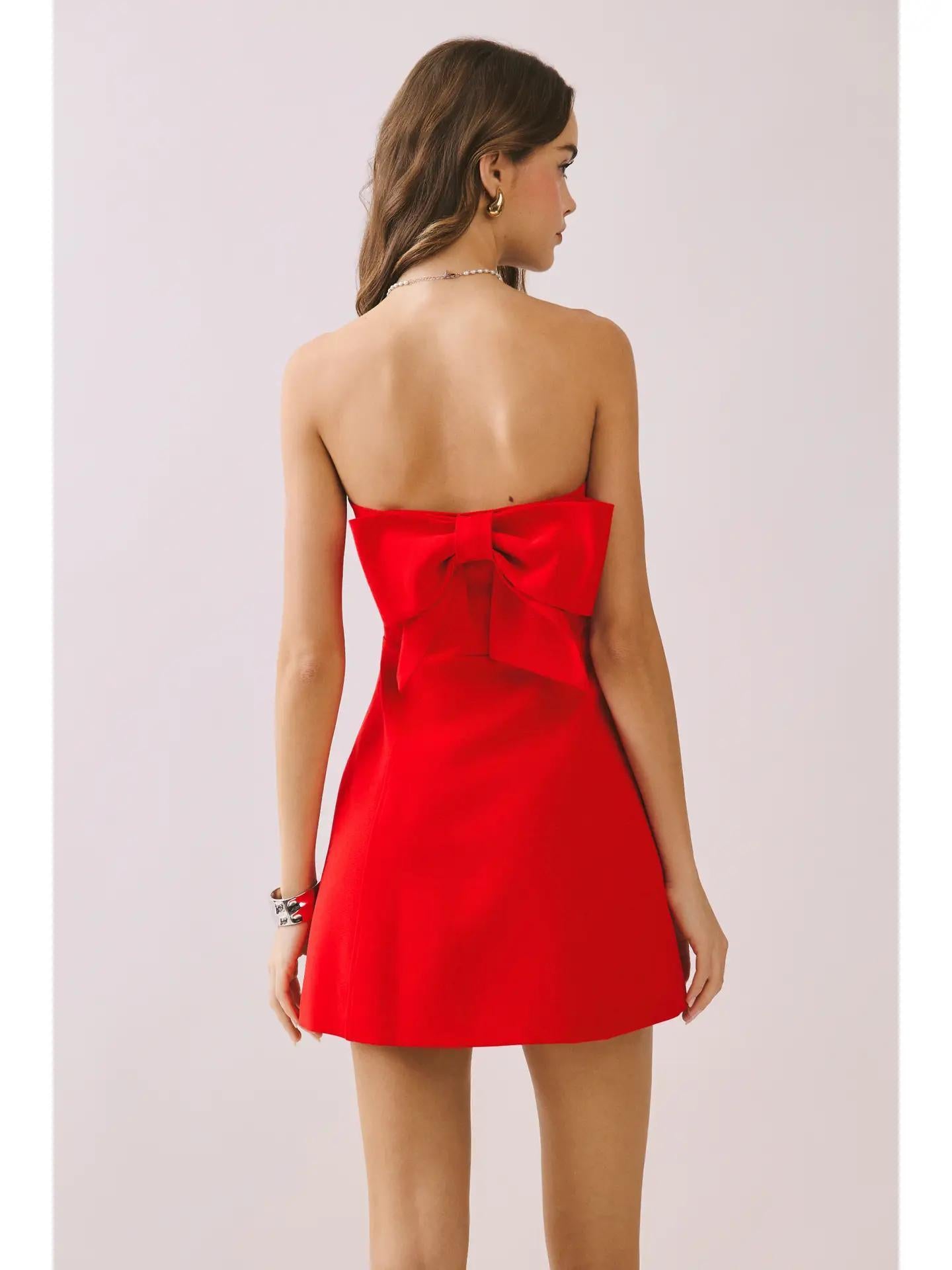 Red Strapless Bow Mini Dress