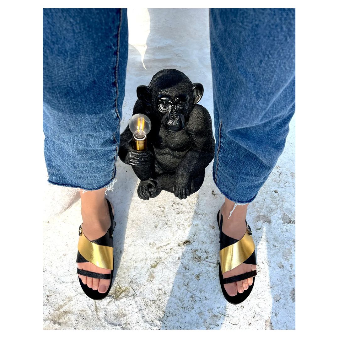 Strappy Leather Sandals - Myrto - Black/Gold
