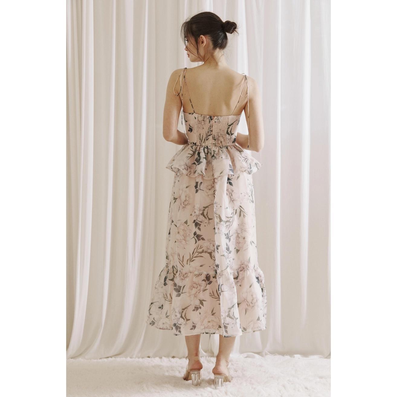 Floral Ruffled Peplum Midi Dress - Pink Multi