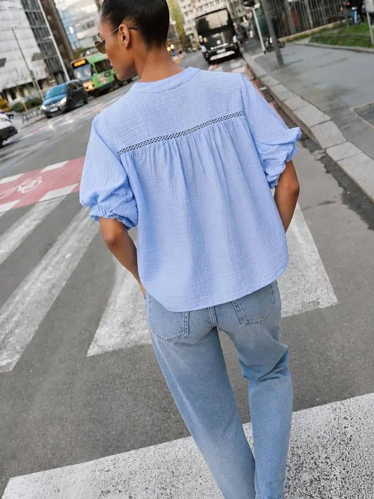 Lace-Trim Puff Sleeve Gauze Blouse | Baby Blue