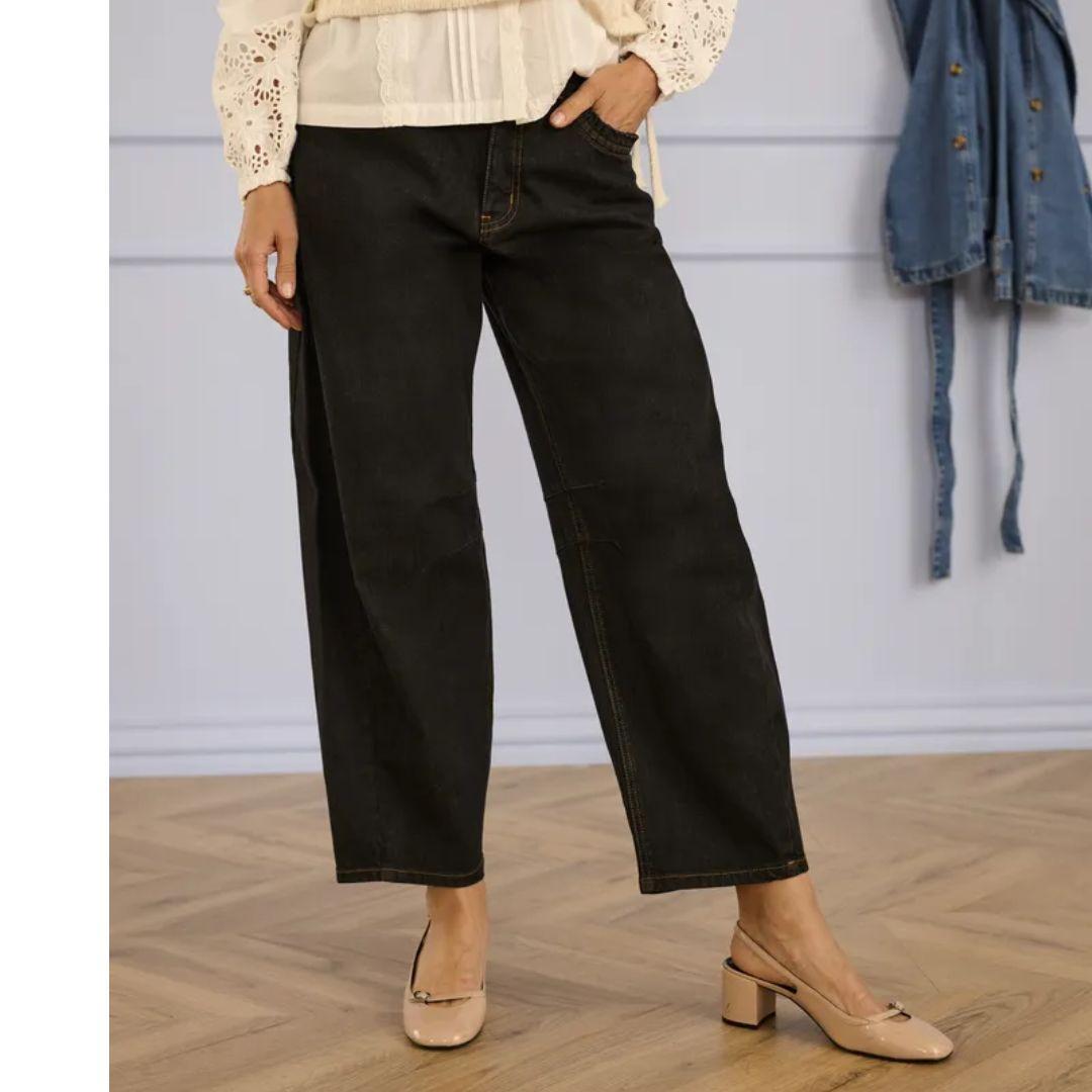 Caysa Ankle Stretch Barrel Jeans - Black Washed