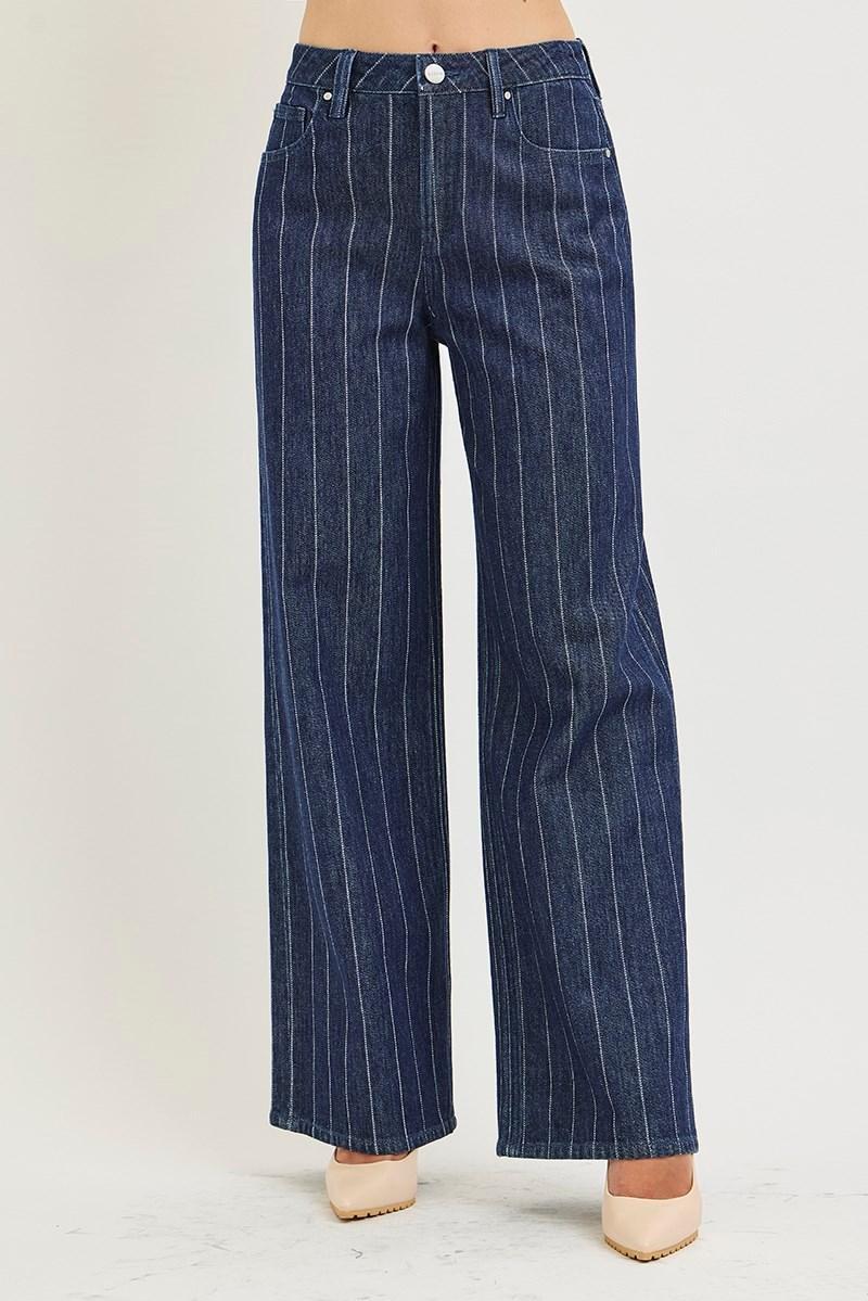 Slouchy Wide Leg Pinstripe Jeans | Dark