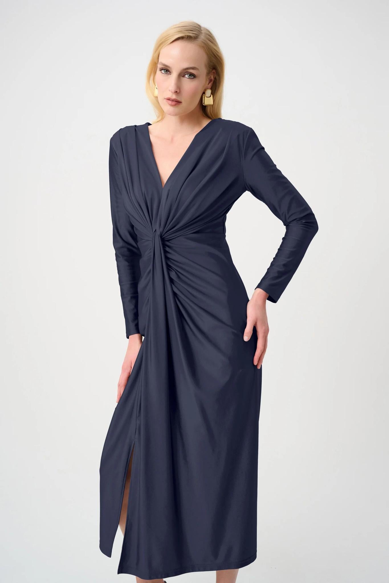 Satin Effect Knit Draped V-Neck Sheath Dress - 253714
