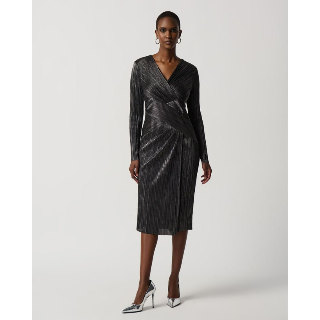 Metallic Crinkle Faux Wrap Dress - Dark Grey Shimmer