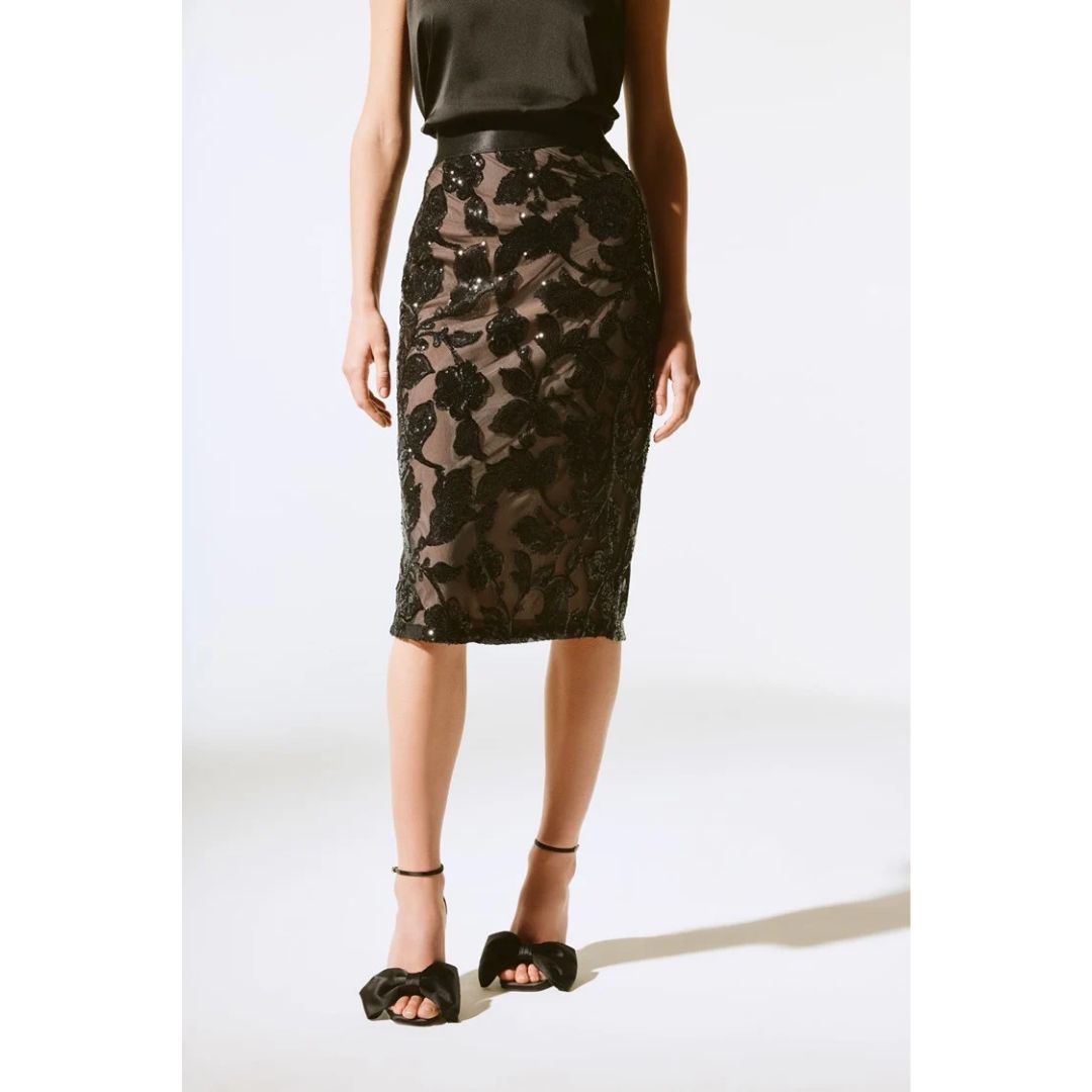 Joseph Ribkoff Pull On Sequin Skirt - 243710 - Black/Nude