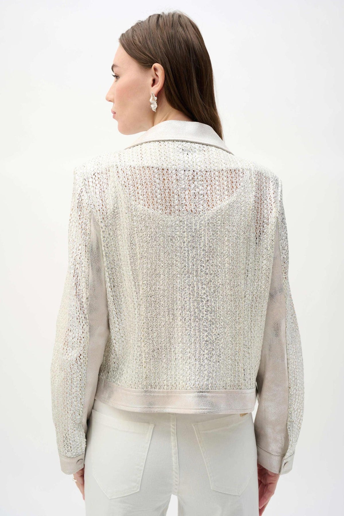 Faux Suede Foiled Knit Moto Jacket - Champagne Silver