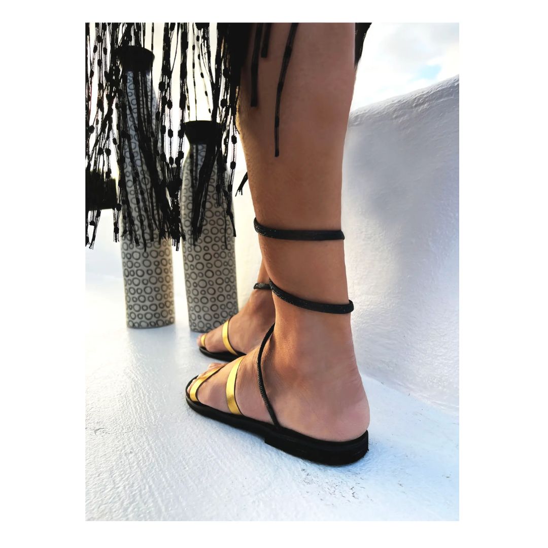 Flat Strappy Lace-Up Sandal - Elpida - Black/Gold