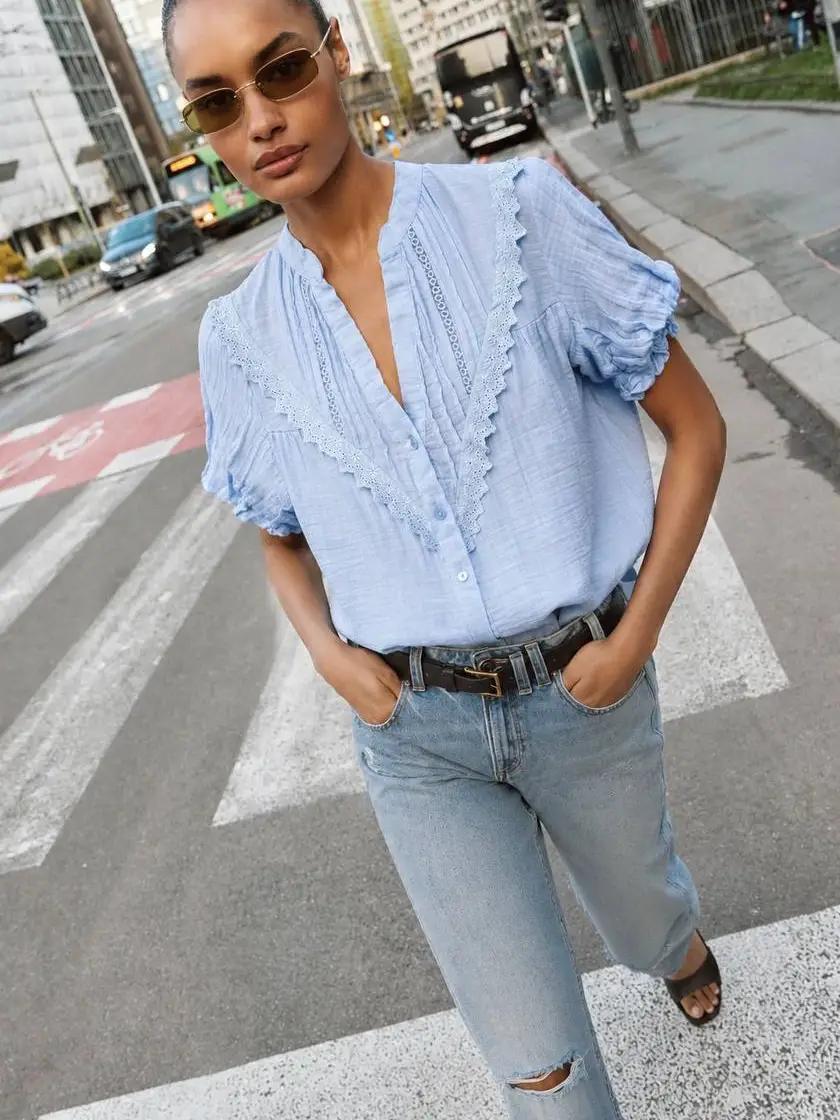 Lace-Trim Puff Sleeve Gauze Blouse | Baby Blue