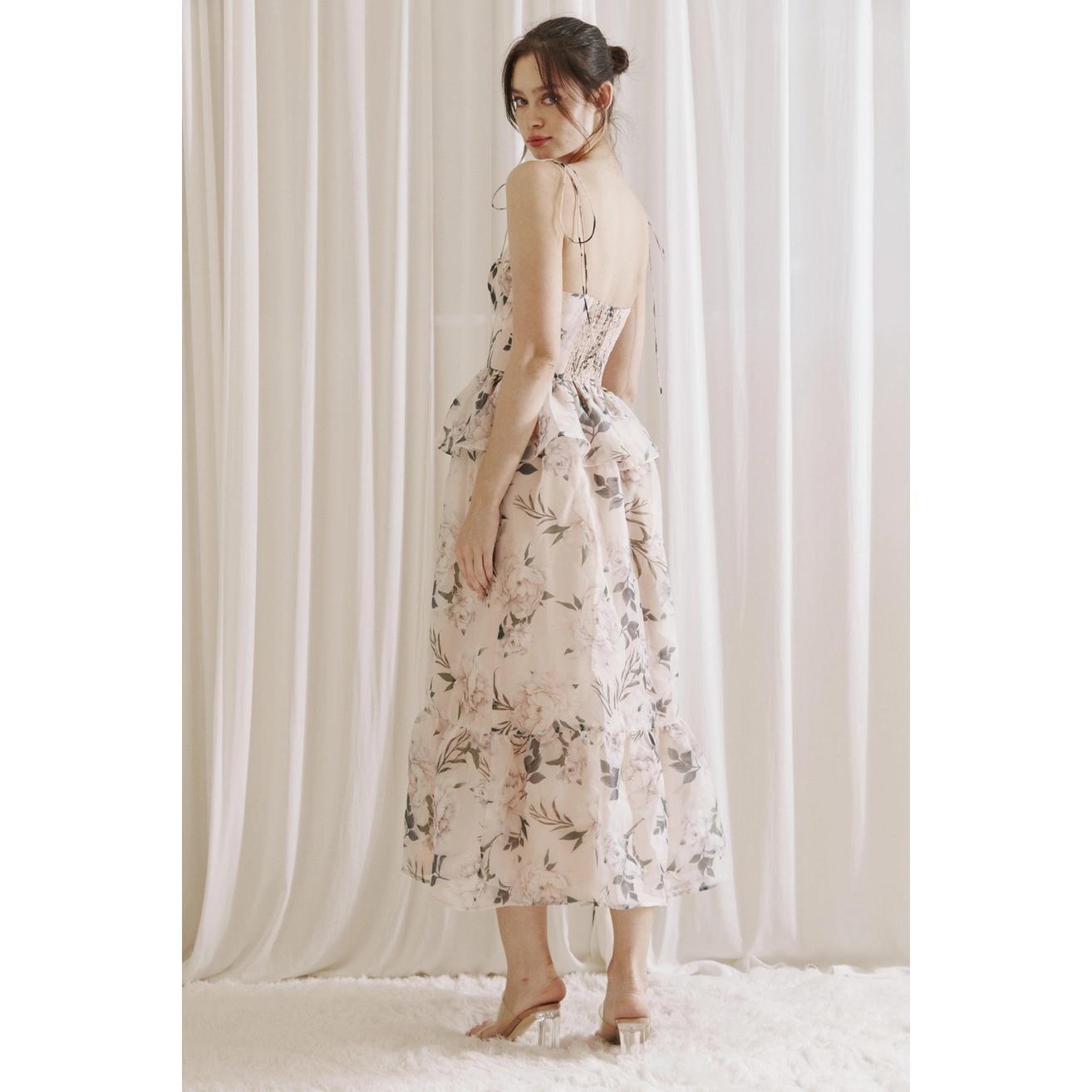 Floral Ruffled Peplum Midi Dress - Pink Multi