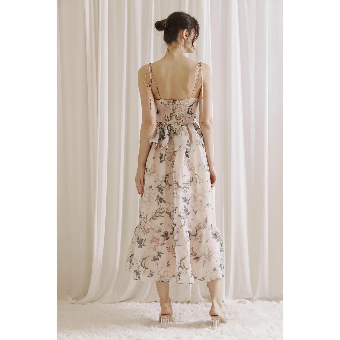 Floral Ruffled Peplum Midi Dress - Pink Multi