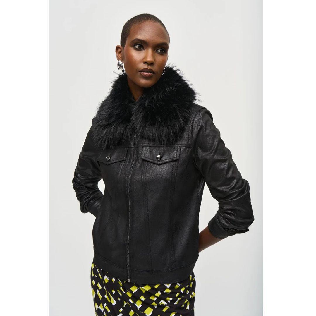 Faux Fur Collar Suede Jacket - 243907 - Black