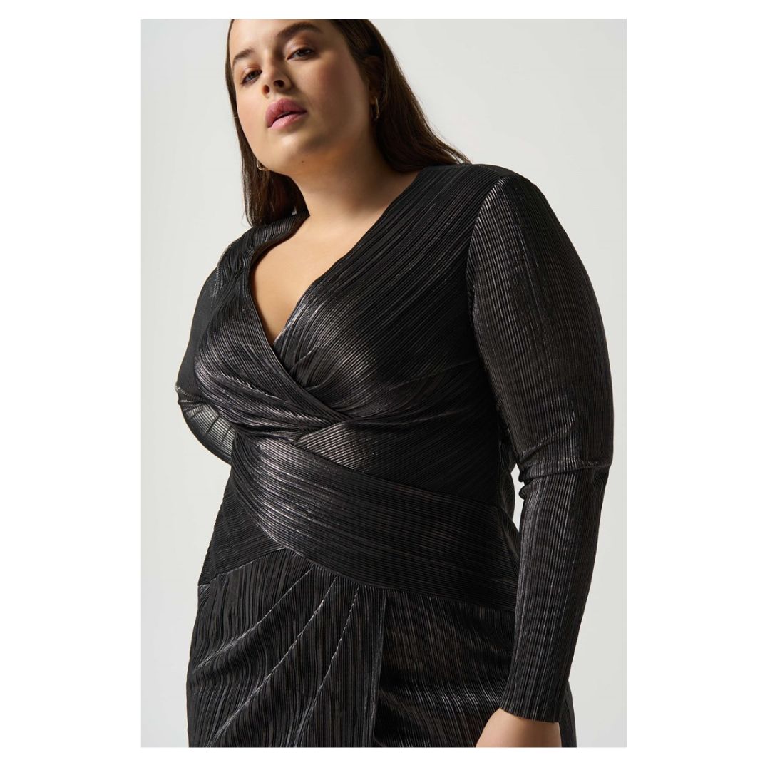 Metallic Crinkle Faux Wrap Dress - Dark Grey Shimmer