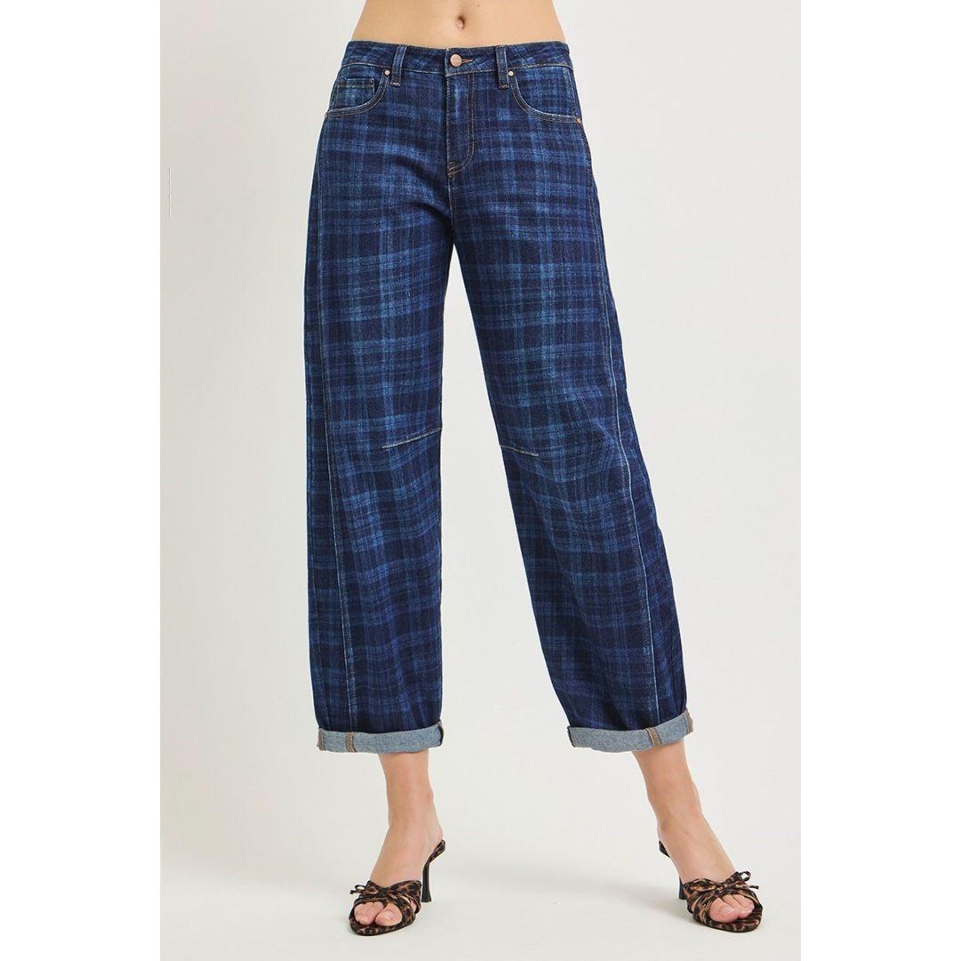 Risen Plaid Stretch Barrel Jeans | Plaid Dark