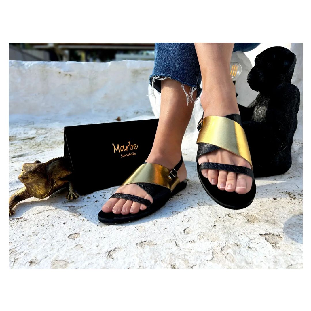 Strappy Leather Sandals - Myrto - Black/Gold