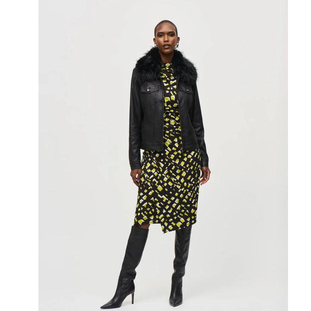 Faux Fur Collar Suede Jacket - 243907 - Black