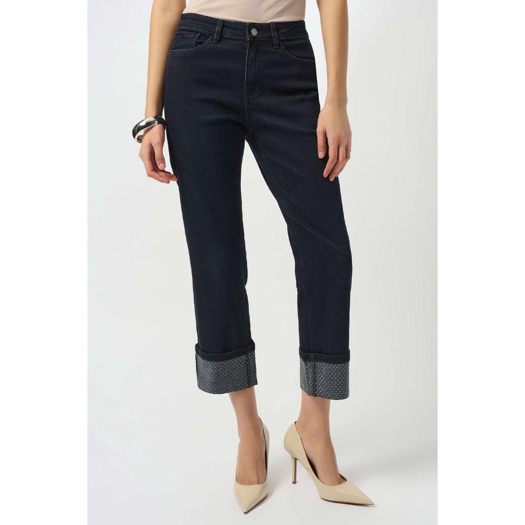 Straight Crop Stretch Jeans with Turned Hem - 253953 - Ink