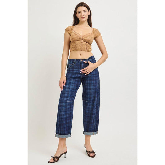 Risen Plaid Stretch Barrel Jeans | Plaid Dark