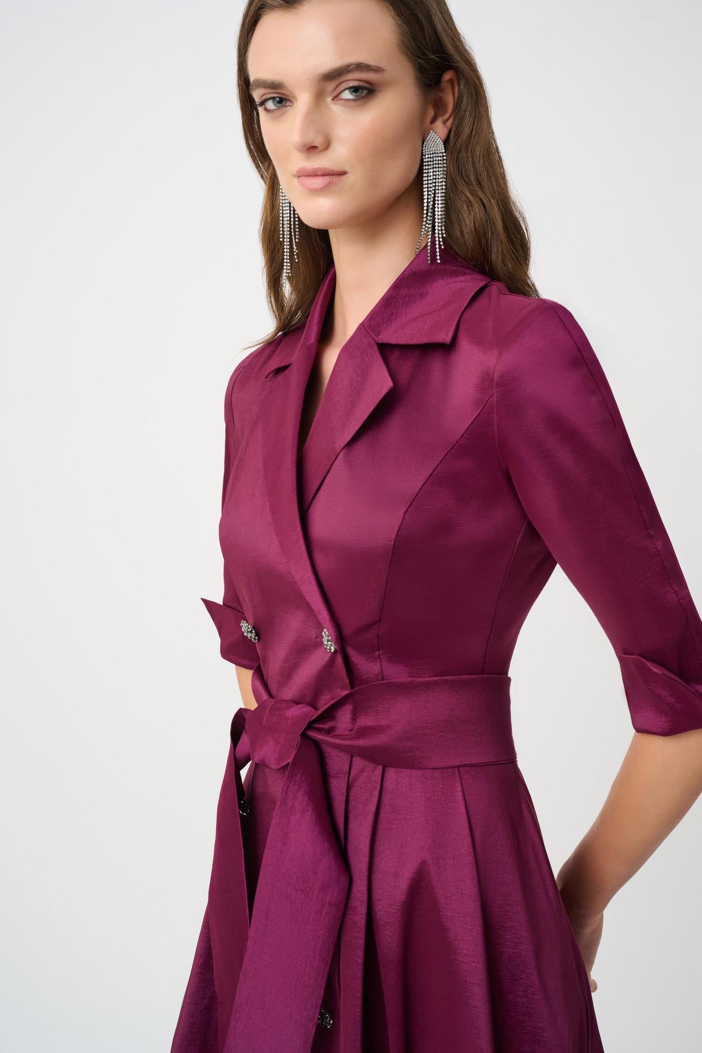 Stretch Taffeta Fit and Flare Tuxedo Wrap Dress