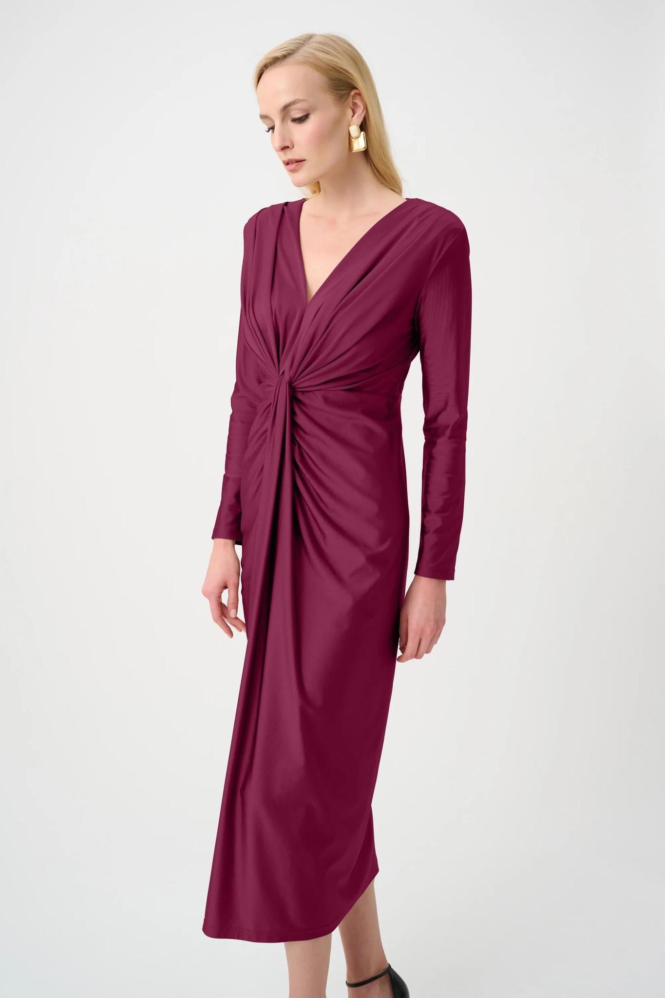 Satin Effect Knit Draped V-Neck Sheath Dress - 253714