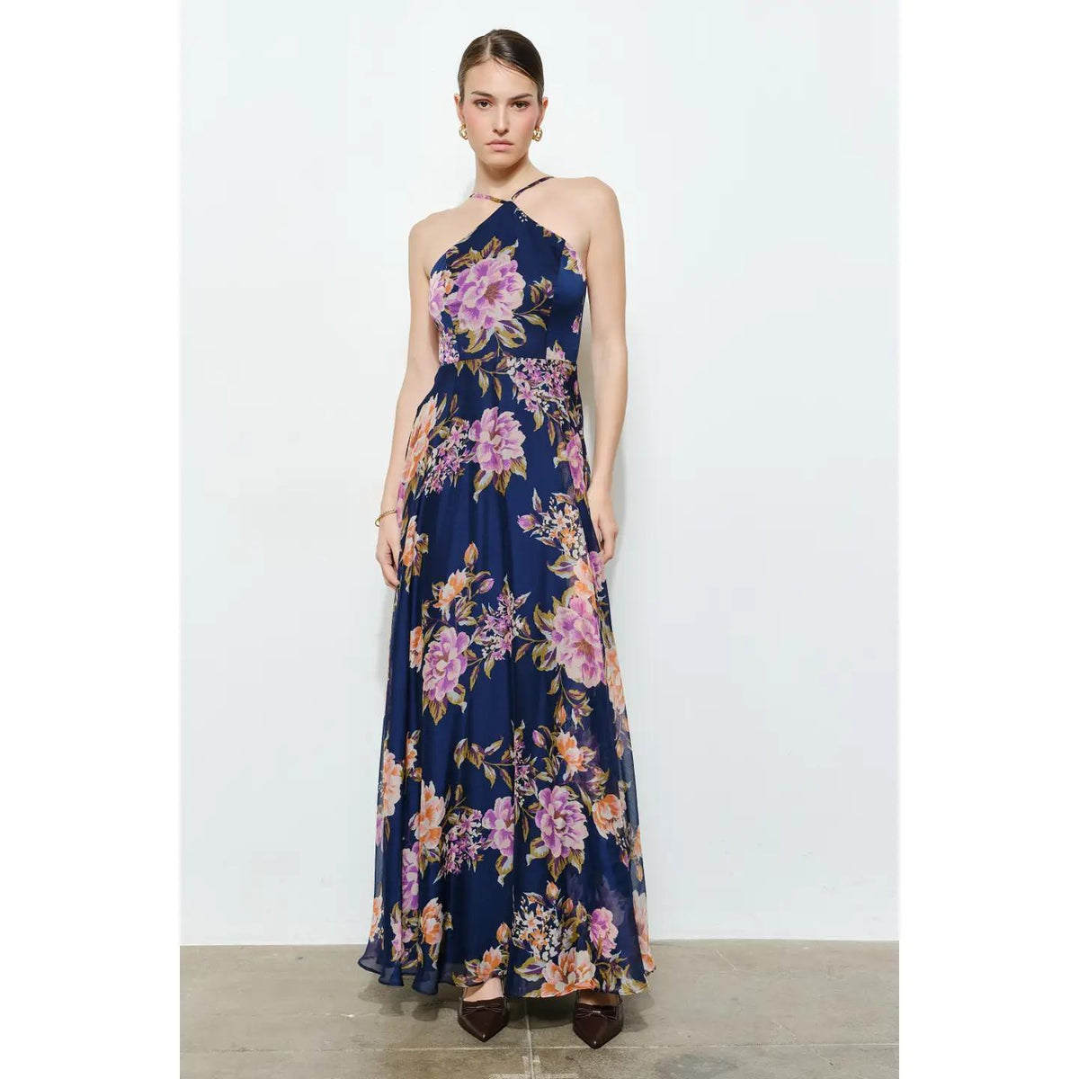 Floral Chiffon Halter Maxi Dress - Indigo Garden