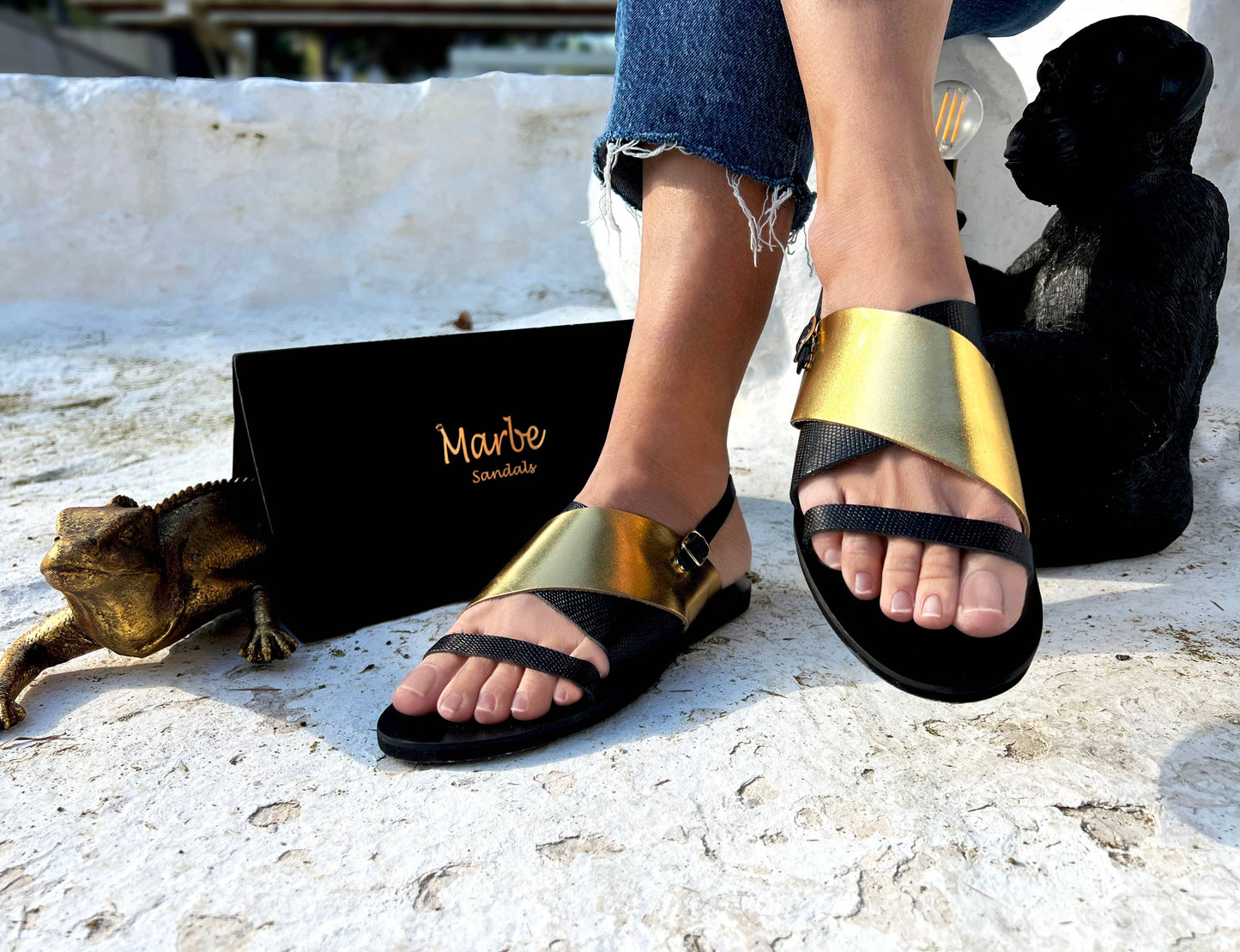 Strappy Leather Sandals - Myrto - Black/Gold