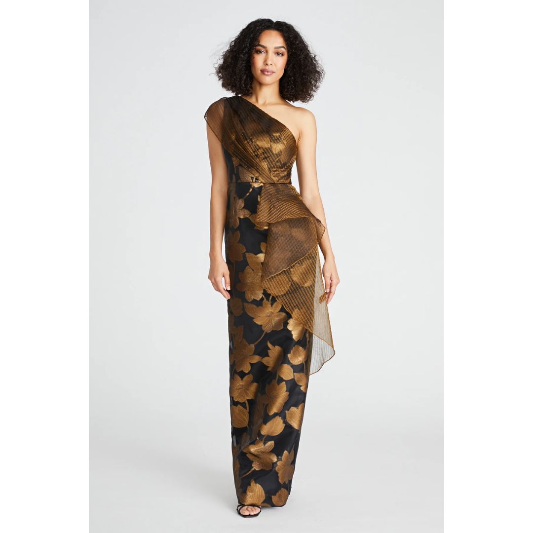 Eden One Shoulder Column Gown | Black/Bronze