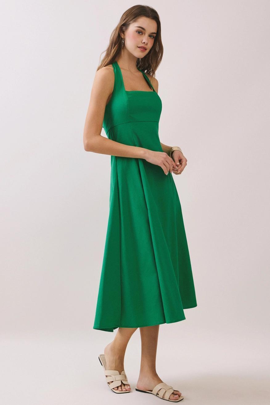 Halter Neck Self-Tie Back Smocked Midi Dress - Green