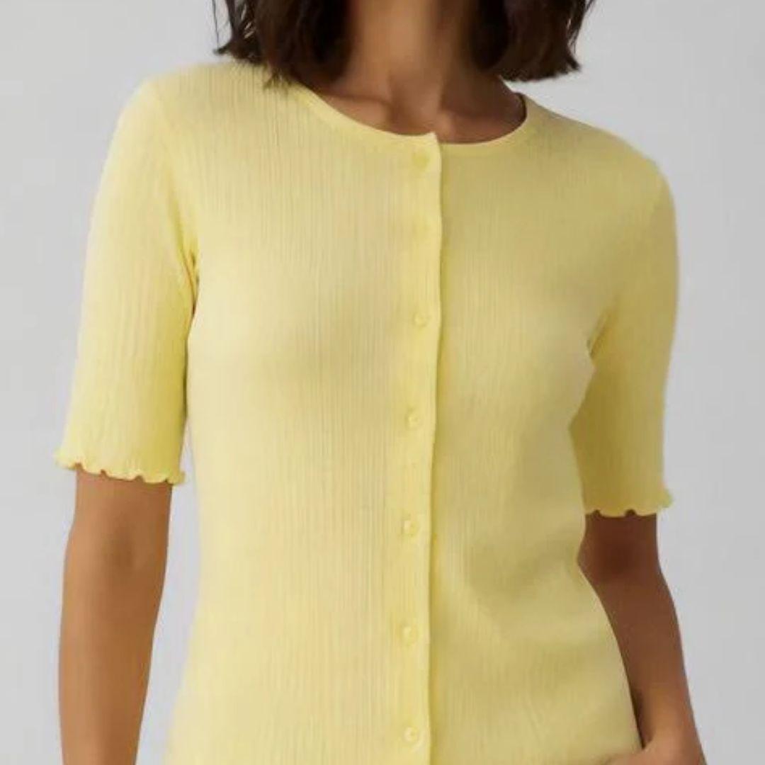 Prisella Short Sleeve Ribbed Button Top | Mellow Yellow