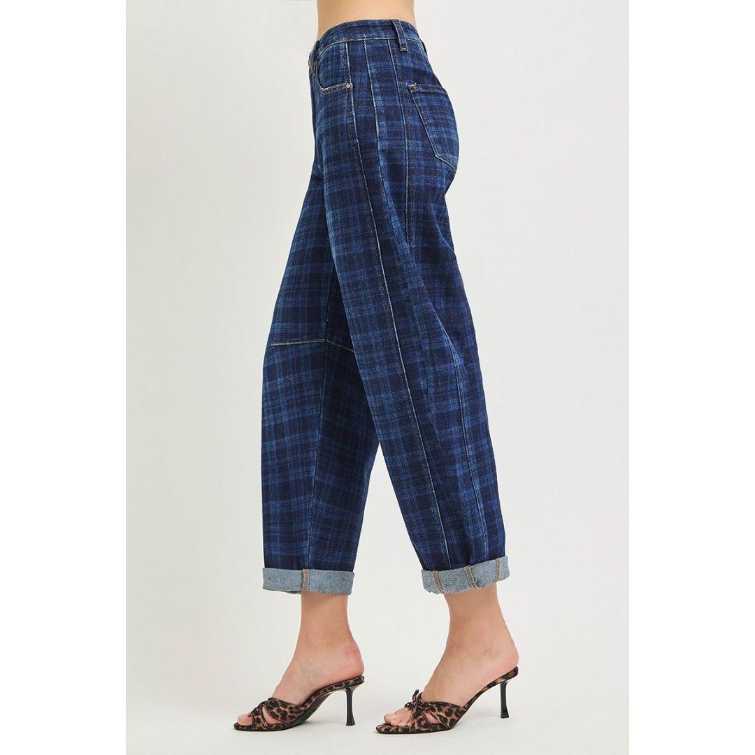 Risen Plaid Stretch Barrel Jeans | Plaid Dark