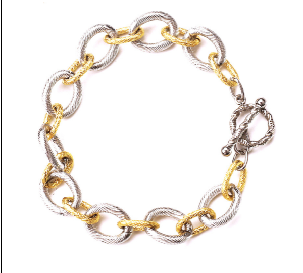 Two Tone Etched Steel Link Toggle Bracelet
