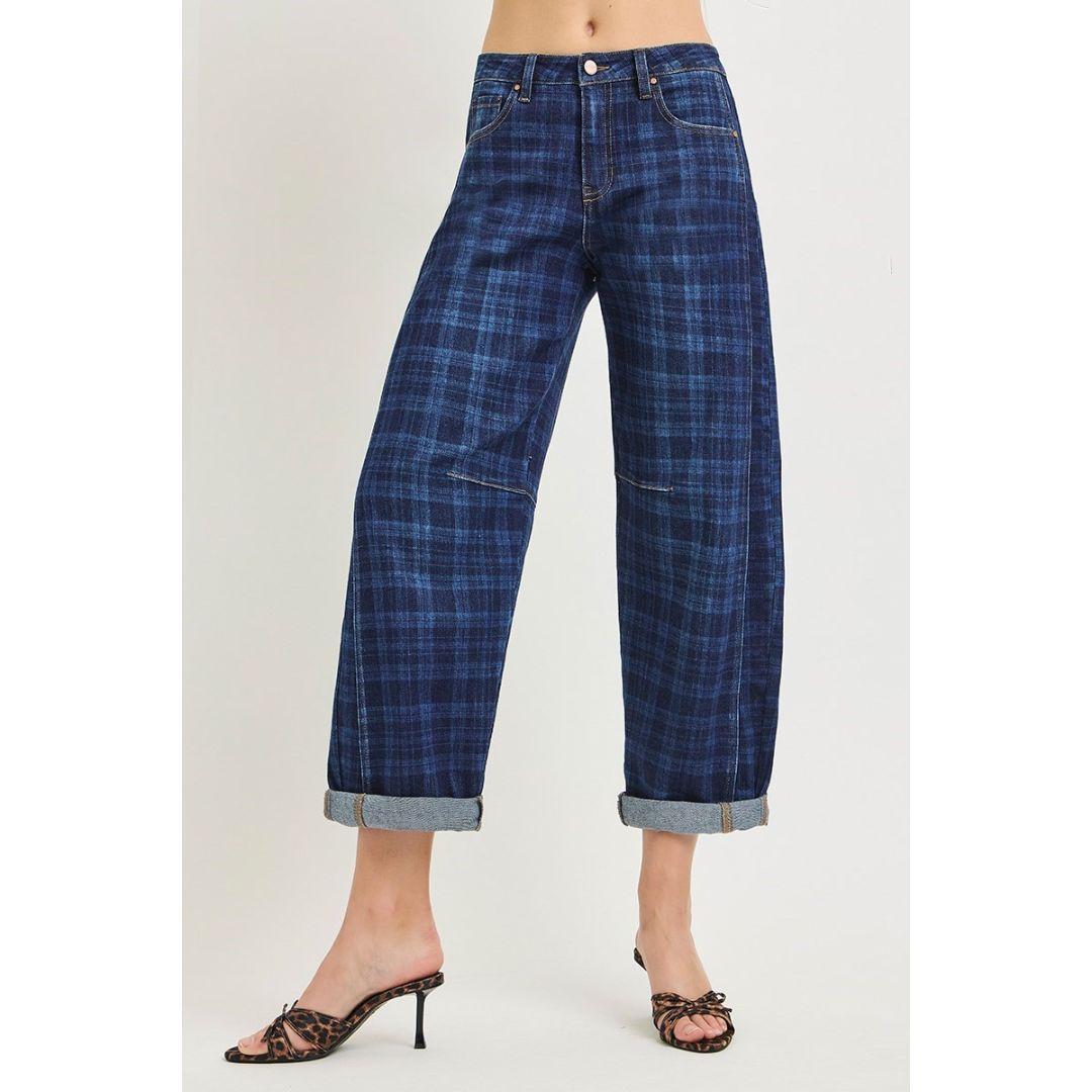 Risen Plaid Stretch Barrel Jeans | Plaid Dark