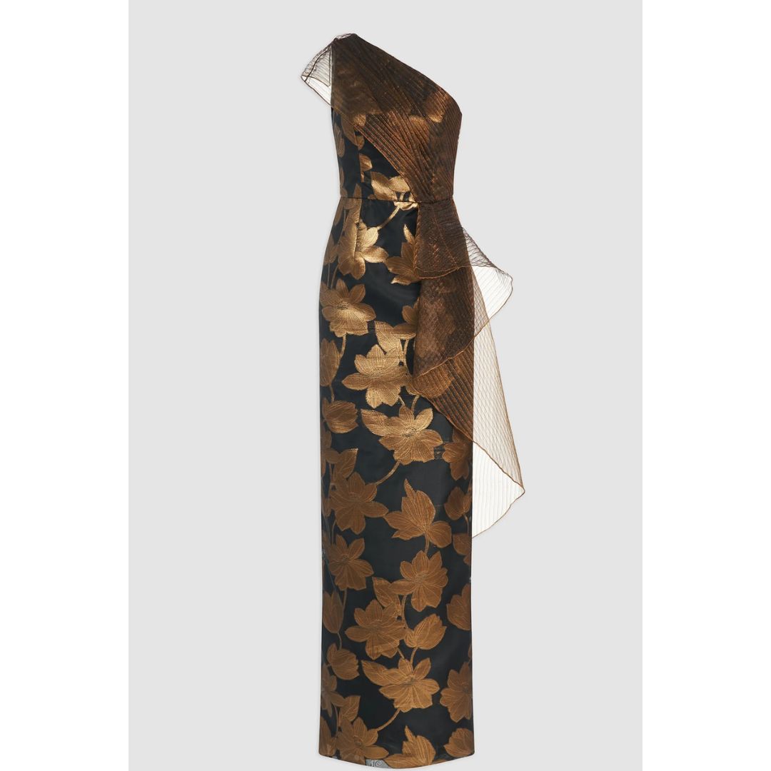 Eden One Shoulder Column Gown | Black/Bronze