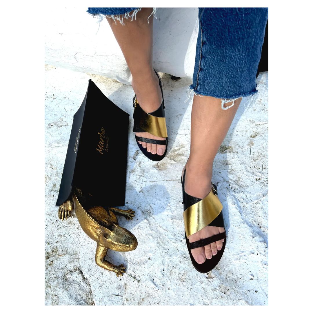 Strappy Leather Sandals - Myrto - Black/Gold