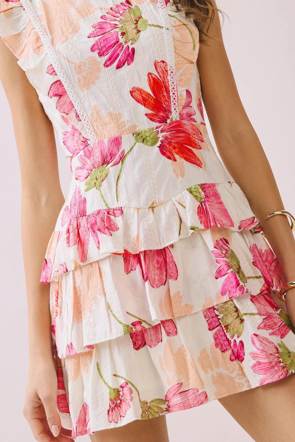 Ruffle Embroidered Mini Dress - Cream & Pinks