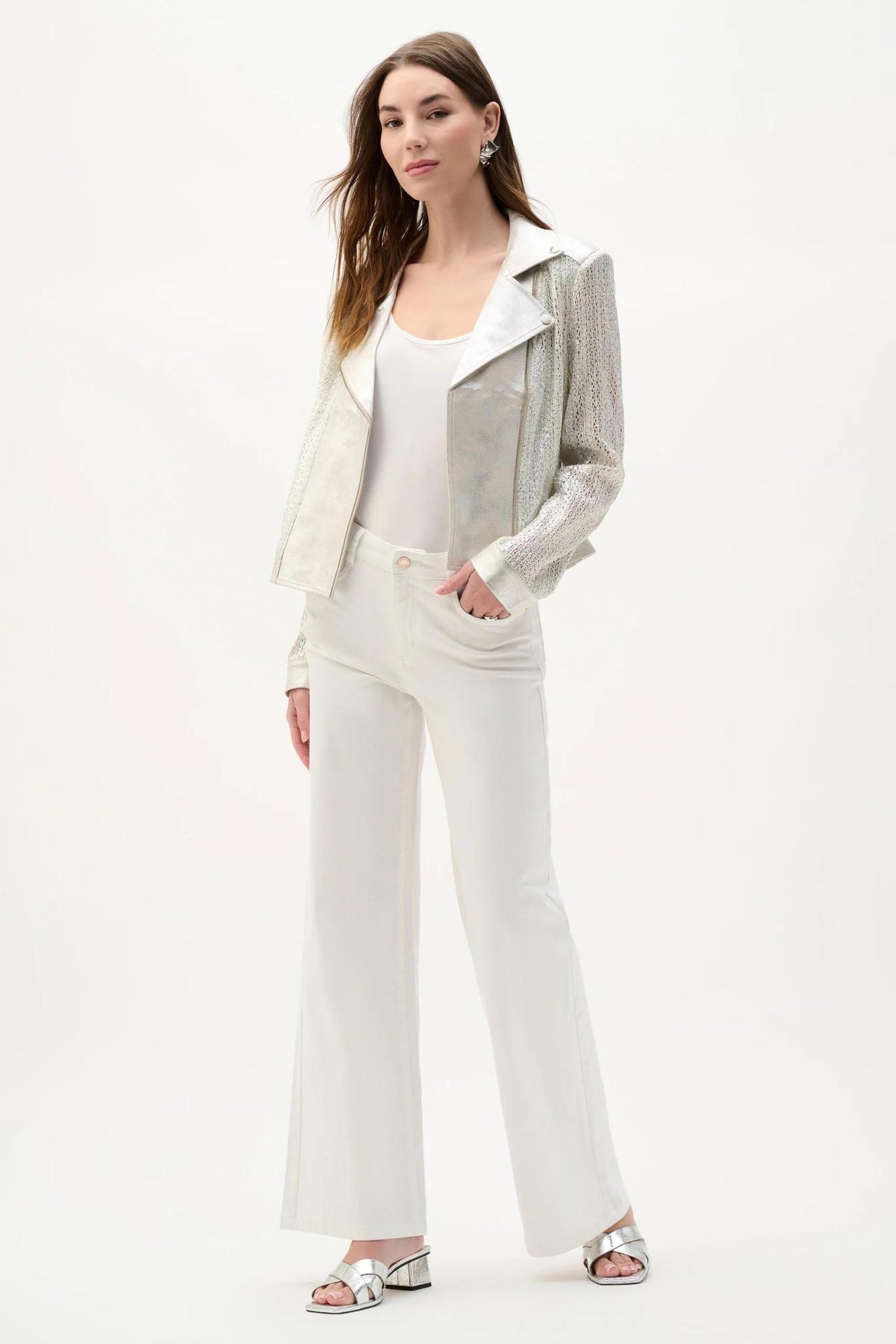 Faux Suede Foiled Knit Moto Jacket - Champagne Silver