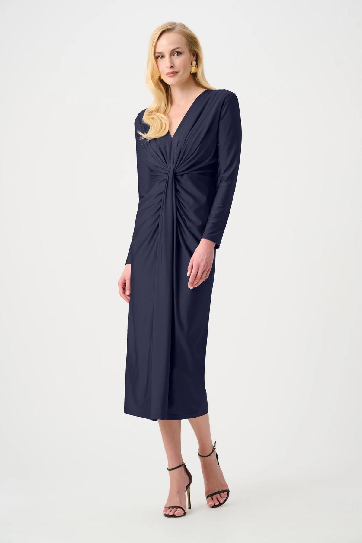 Satin Effect Knit Draped V-Neck Sheath Dress - 253714