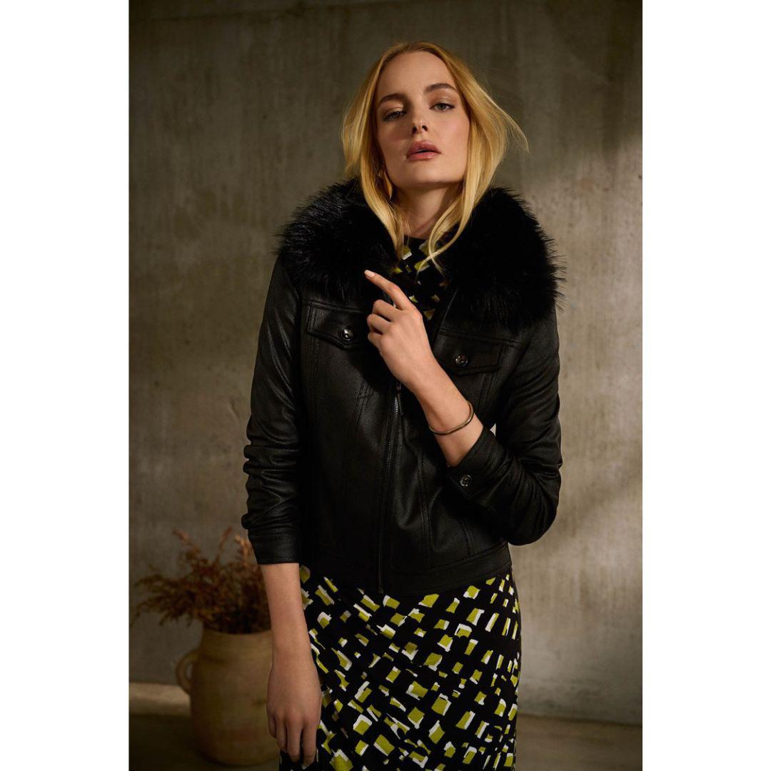 Faux Fur Collar Suede Jacket - 243907 - Black