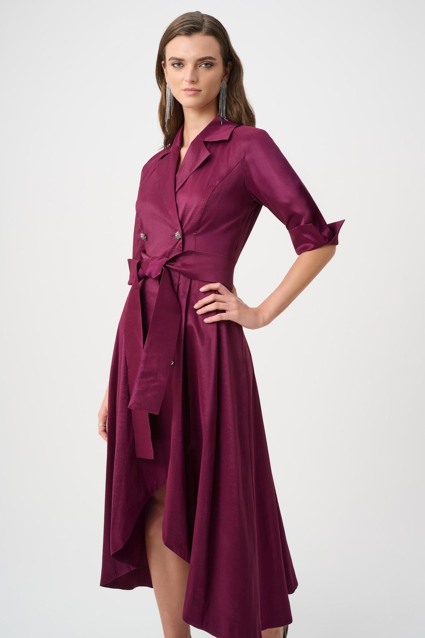Stretch Taffeta Fit and Flare Tuxedo Wrap Dress