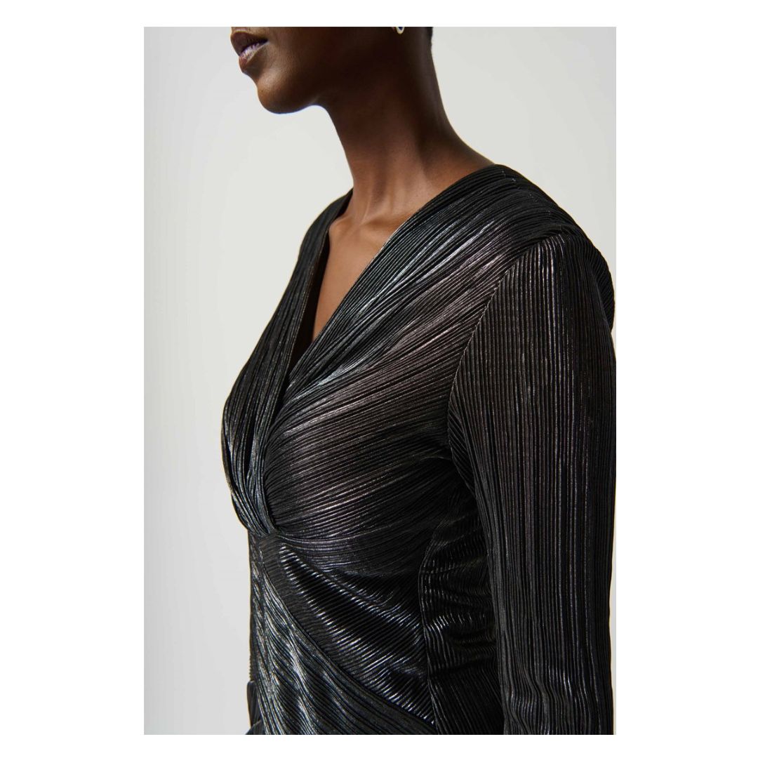 Metallic Crinkle Faux Wrap Dress - Dark Grey Shimmer