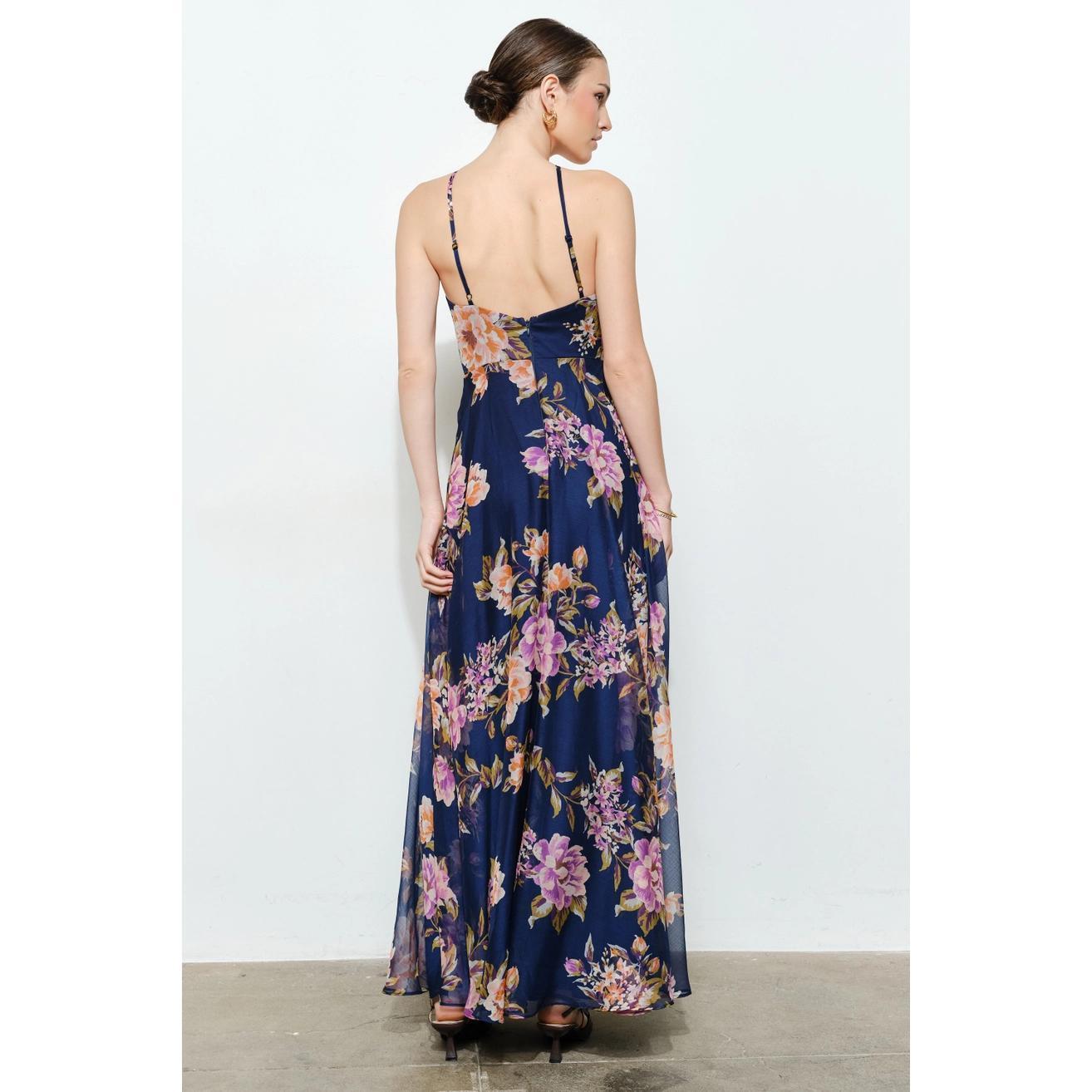 Floral Chiffon Halter Maxi Dress - Indigo Garden