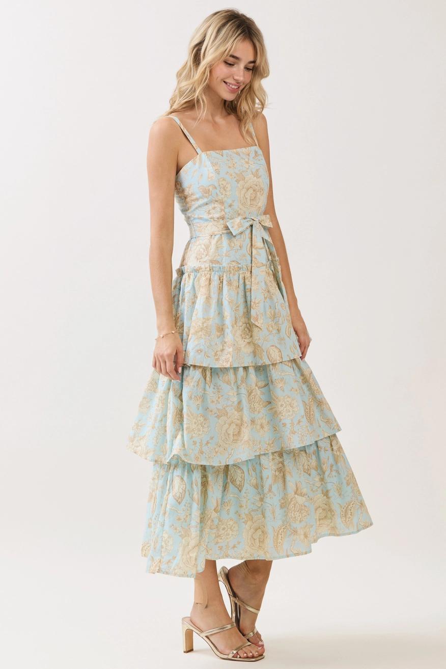 Tiered Ruffle Midi Dress - Blue Floral