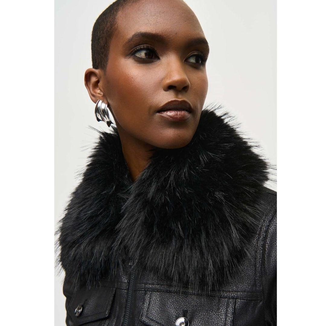 Faux Fur Collar Suede Jacket - 243907 - Black