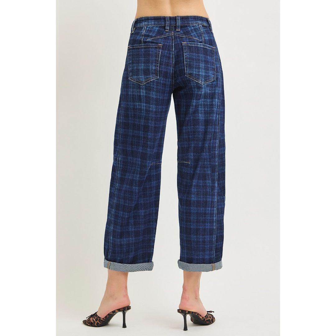 Risen Plaid Stretch Barrel Jeans | Plaid Dark