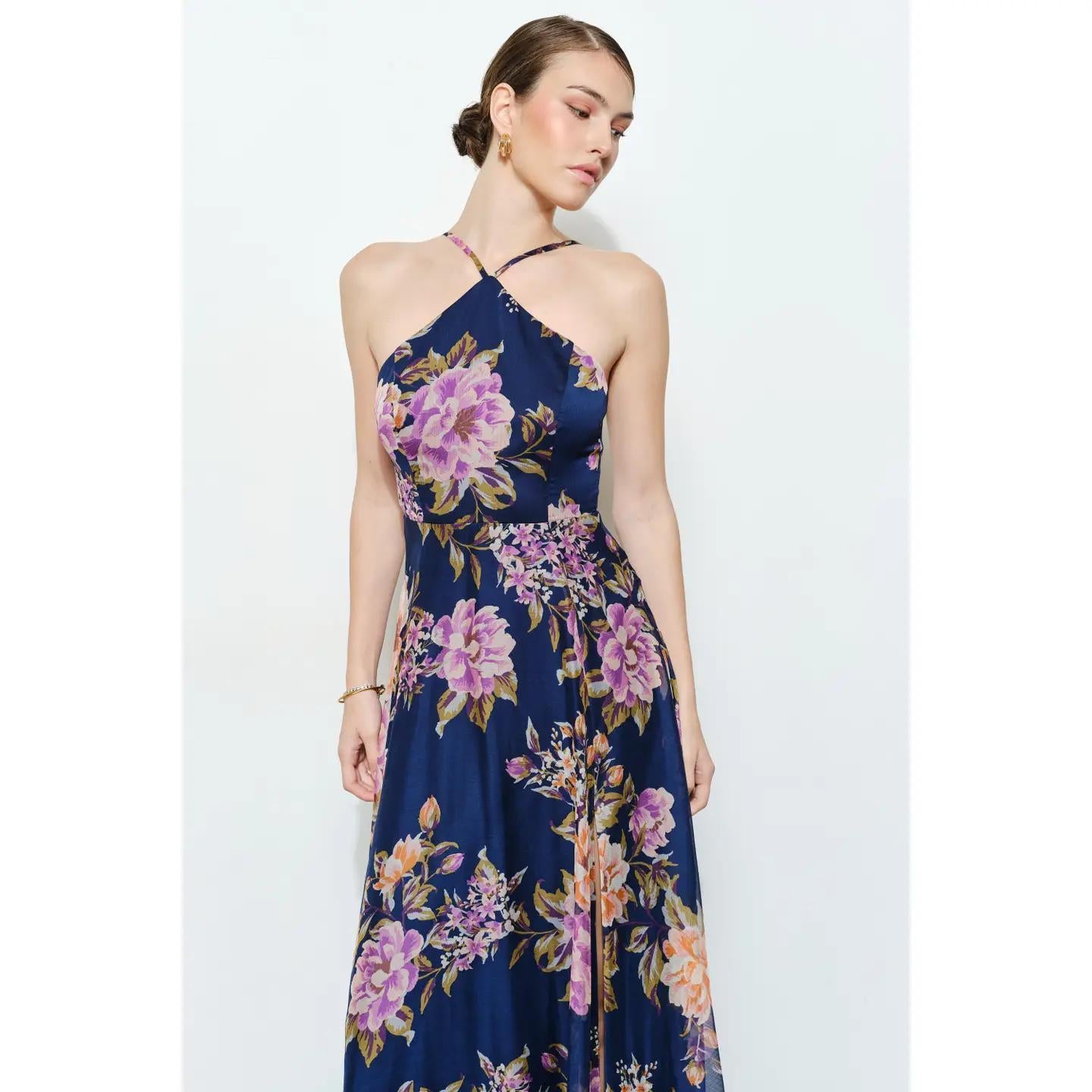 Floral Chiffon Halter Maxi Dress - Indigo Garden