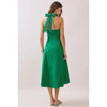 Halter Neck Self-Tie Back Smocked Midi Dress - Green