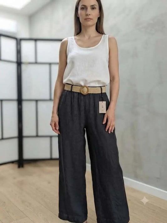 Classic Linen Pants Elastic Waist with Belt | Navy
