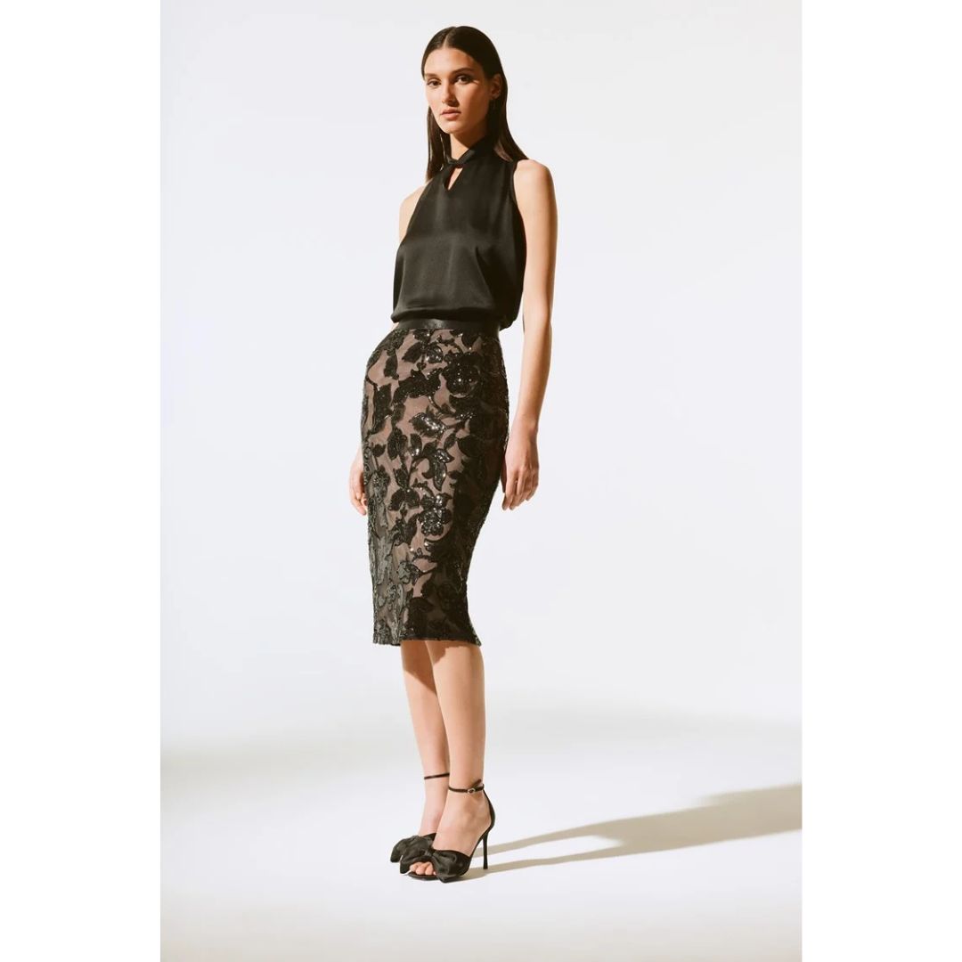 Joseph Ribkoff Pull On Sequin Skirt - 243710 - Black/Nude