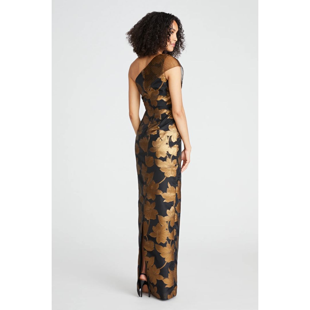 Eden One Shoulder Column Gown | Black/Bronze